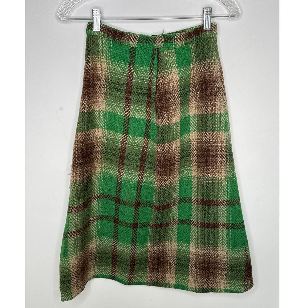 1970s Handmade Green Brown Plaid Skirt & Vest Set XXS - Picture 9 of 14